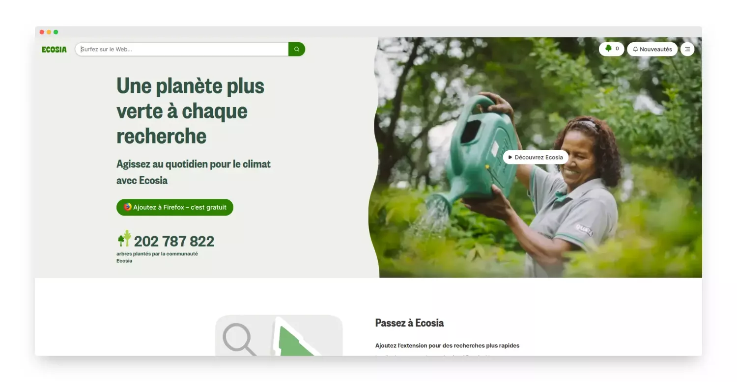 Capture d'écran du moteur de recherche Ecosia